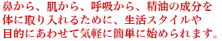鼻から、肌から、呼吸から、精油の成分を体に取り入れるために、生活スタイルや目的にあわせて気軽に簡単に始められます